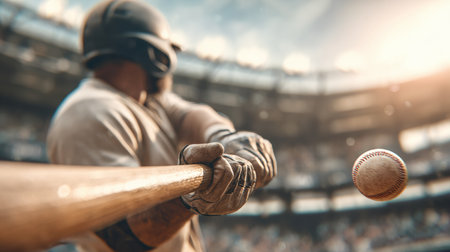 A baseball player, wearing a helmet and gloves, swings at the ball in a stadium filled with spectators in warm afternoon light.の素材