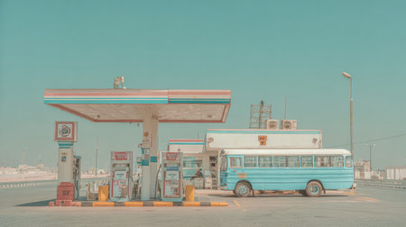 A classic blue bus is parked at a retro gas station, surrounded by gas pumps and a clear blue sky, showcasing a nostalgic roadside atmosphere.の素材