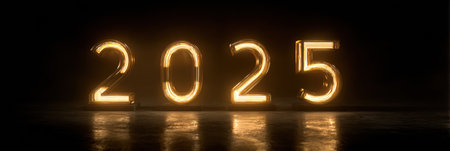 Glowing numbers display 2025, casting a warm light in a dark environment, symbolizing hope for the future and new beginnings as the year approaches.の素材