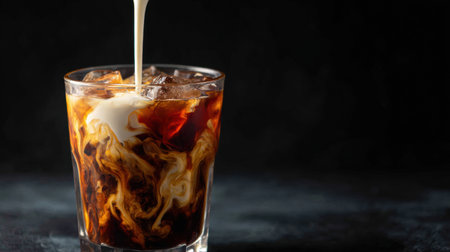 A refreshing cold coffee beverage served in a clear glass with ice cubes as cream is poured in, mixing beautifully and creating an inviting appearance.の素材