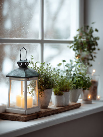 Potted herbs and decorations with candles create a warm atmosphere by a window during winter, highlighting the snowy landscape outside.の素材