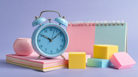 An organized workspace features a blue alarm clock, colorful sticky notes, a notebook, and a small decorative vase on a pastel background, encouraging focus.の素材
