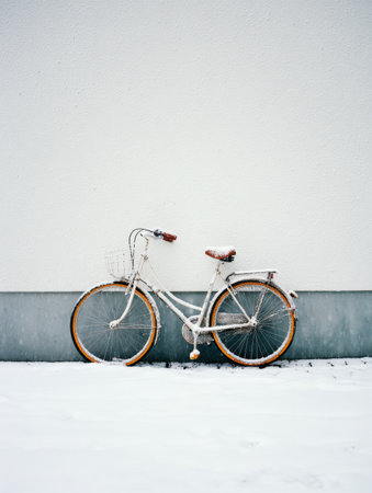 A vintage bicycle with a white frame and brown accents stands against a snowy wall, surrounded by a peaceful winter landscape, evoking quiet beauty.の素材