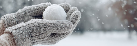 Warmly dressed hands cradle a perfectly formed snowball as it snows lightly in a peaceful winter setting, surrounded by white snow and blurred trees.の素材