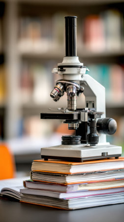 A laboratory microscope is placed on top of several stacked reference books in a well-lit academic environment filled with shelves of books.の素材