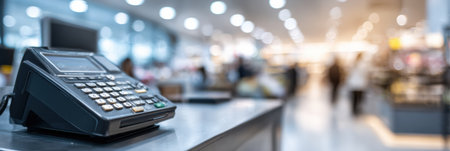 A cash register stands prominently on the sales counter in a bustling retail environment, with shoppers exploring various products all around.の素材