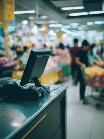 Checkout counter with a register in focus, while customers browse aisles filled with groceries and household items in a lively supermarket environment.の素材