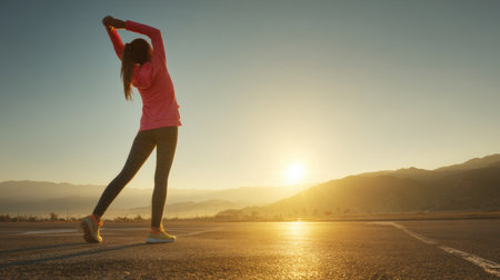 A woman stretches her arms towards the sky during sunrise in a mountain landscape, embracing the early morning tranquility and warmth.の素材