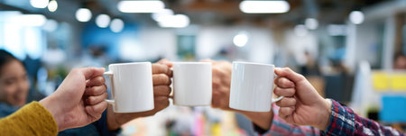 Team members raise their coffee mugs in celebration, fostering camaraderie and teamwork in a contemporary office setting filled with natural light.の素材