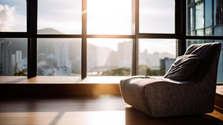 Cozy chair positioned next to expansive windows offering a breathtaking view of the city skyline illuminated by the morning sun.の素材