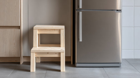 A wooden stool stands beside a sleek stainless steel refrigerator in a modern kitchen, showing a minimalist aesthetic with clean lines and neutral tones.の素材