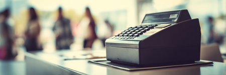 A cash register sits prominently on a counter while customers wait in line for service at a retail location during midday.の素材