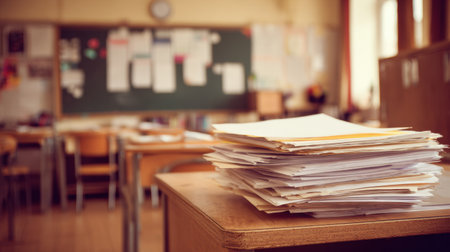 A clutter of paperwork sits atop a wooden desk in an empty classroom filled with desks and a bulletin board displaying various student materials.の素材