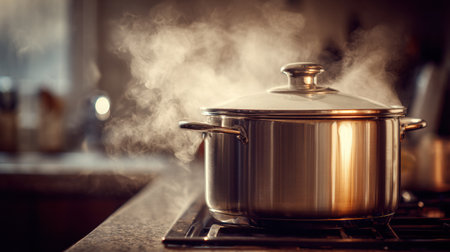 A stainless steel pot sits on a stove, releasing steam as delicious food simmers inside. The warm ambiance of the kitchen enhances the cooking experience.の素材