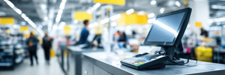 A modern checkout area in a retail store shows a busy environment with customers making purchases and staff assisting, emphasizing payment technology.の素材