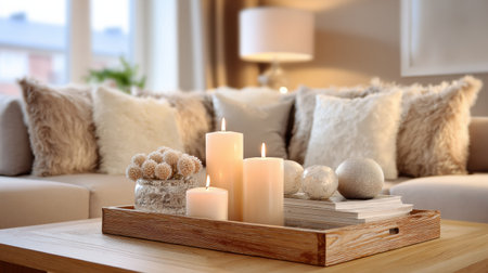Cozy living space showcases soft pillows, candles, and tasteful decor elements arranged on a wooden table surrounded by warm lighting.の素材