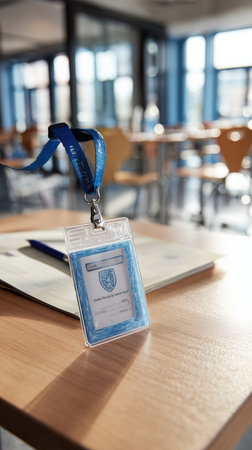 A conference badge hangs from a lanyard on a wooden table next to a notebook and pen, with a spacious and well-lit venue in the background.の素材