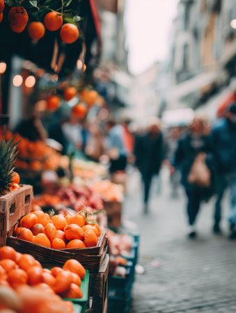Colorful displays of oranges and other fruits line the market stalls as shoppers walk through, creating a lively atmosphere on a cloudy day.の素材