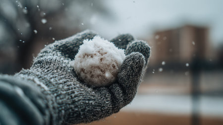 A person grips a snowball with a knit glove as snowflakes gently fall in a park, capturing the essence of winters chill and playfulness.の素材