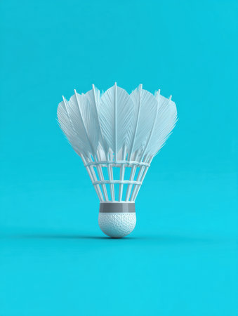 A colorful shuttlecock stands upright on a smooth surface, showing its unique feather design with a bright turquoise backdrop enhancing the visual appeal.の素材