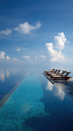 An infinity pool stretches to the ocean, lined with empty lounge chairs under a vast blue sky, creating a tranquil atmosphere.の素材