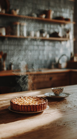 A freshly baked pie sits on a wooden table in a warm kitchen, steam gently rising. A delicate cup and plate accompany it, adding charm to the scene.の素材
