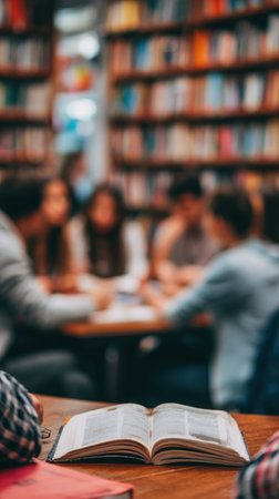 Students are engaged in a collaborative study session at a library table, surrounded by shelves packed with books in a quiet and focused environment.の素材