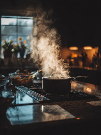 Evening warmth fills the cozy kitchen as steam rises from a pot on the stove, illuminated by soft light and surrounded by floral decorations.の素材