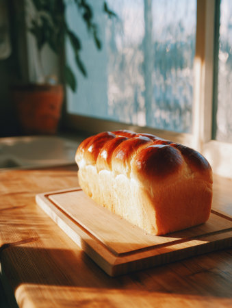 Golden brown loaf of bread rests on a wooden cutting board, illuminated by warm sunlight streaming through a kitchen window in the morning.の素材