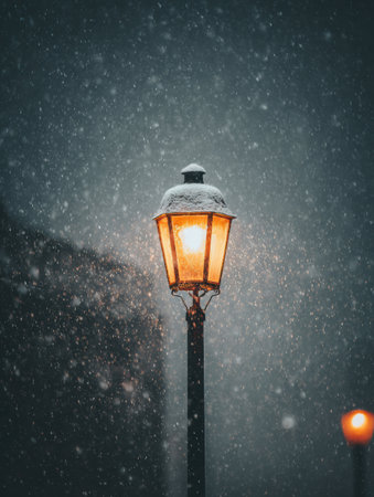Soft snowflakes cascade down on a lamppost, creating a cozy ambiance as the warm glow cuts through the chilly evening air in winter.の素材