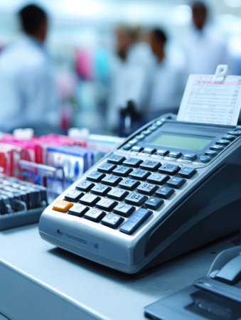 A cash register is prominently displayed with various items in the background, indicating a busy retail store environment during shopping hours.の素材
