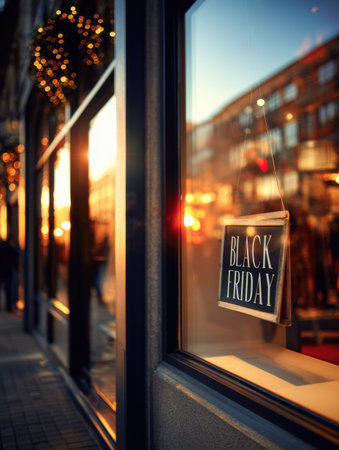 A vibrant city street bustling with shoppers during sunset, featuring a Black Friday sign in a store window, showcasing holiday shopping excitement.の素材