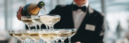A bartender in formal attire pours champagne into a stacked arrangement of glass flutes, creating a festive atmosphere at a daytime gathering.の素材