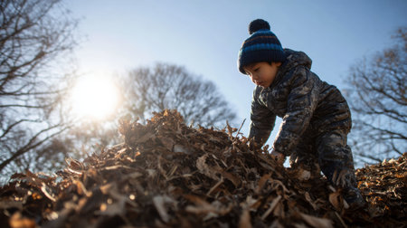 A child wearing a warm jacket and knitted hat climbs a large pile of colorful autumn leaves under a bright blue sky, enjoying playful exploration.の素材