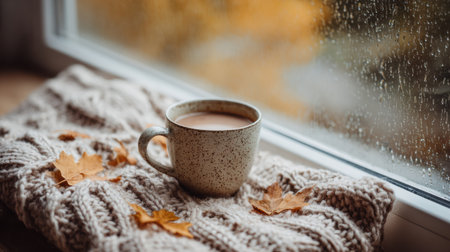 Warm beverage rests on a knitted blanket near a rain-soaked window with autumn leaves scattered, creating a cozy atmosphere inside.の素材