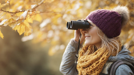 A woman explores the outdoors, using binoculars to observe wildlife amidst vibrant autumn leaves during a peaceful day in nature.の素材