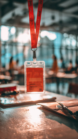 An identification badge hangs from a lanyard on a table set in a well-lit dining hall filled with attendees engaged in conversation during an event.の素材