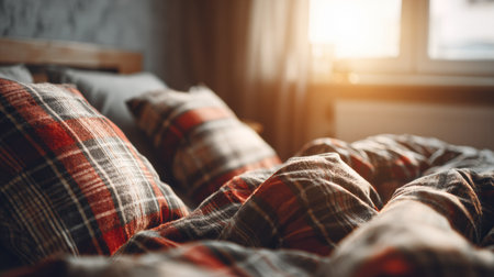 Soft light fills a bedroom as sunlight filters through a window, showing a neatly made bed with plaid blankets and pillows, creating a cozy ambiance.の素材