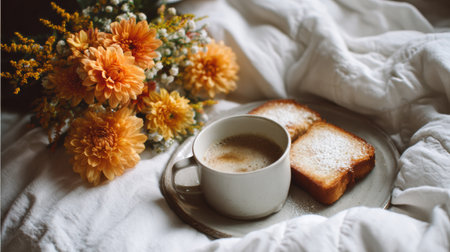 Freshly brewed coffee accompanied by lightly buttered toast lies on a plate beside a bouquet of bright orange flowers in a cozy bedroom setting.の素材