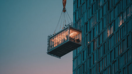 A crane is lifting a glass box office into a tall building at dusk, showing an innovative workspace being installed high above the ground.の素材