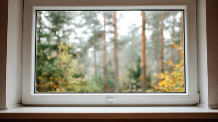 Mist envelops a tranquil forest as seen through a window, with vibrant autumn leaves creating a picturesque scene of nature and calmness.の素材