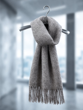 A gray scarf is draped elegantly over a sleek hanger, set against a spacious, contemporary room filled with light and a view of the city skyline.の素材