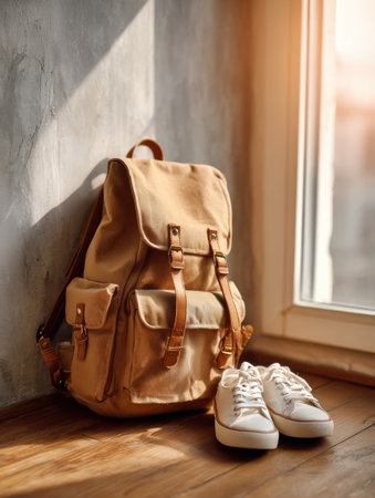 A backpack rests beside a pair of white sneakers on a wooden floor, illuminated by warm afternoon sunlight coming through a window.の素材