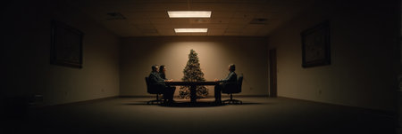 Individuals are engaged in a serious discussion around a table in a dimly lit conference room, with a festive Christmas tree subtly illuminated.の素材