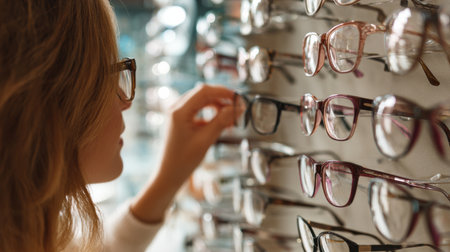 A woman browses a selection of eyeglasses in an eyewear store, carefully examining different styles and colors under bright store lighting.の素材