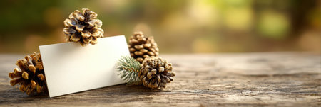 Pine cones surround a blank card on a textured wooden table in a tranquil forest setting, capturing the essence of autumns warm colors and ambiance.の素材