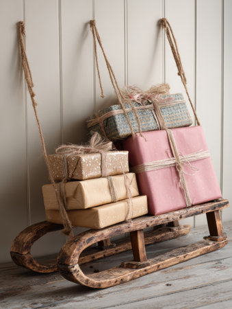 A rustic wooden sleigh is filled with beautifully wrapped gifts, adding a festive touch to the indoor space during the winter holidays.の素材