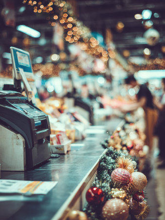 A bustling market filled with holiday cheer features festive decorations, a cash register, and shoppers enjoying the atmosphere during winter festivities.の素材