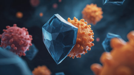 Colorful depiction of microscopic particles interacting with virus-like structures, showing cellular interactions in a lab.の素材