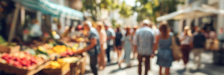 Crowds gather in a bustling market street, enjoying fresh fruits, vegetables, and handmade items while basking in the warmth of the afternoon sun.の素材